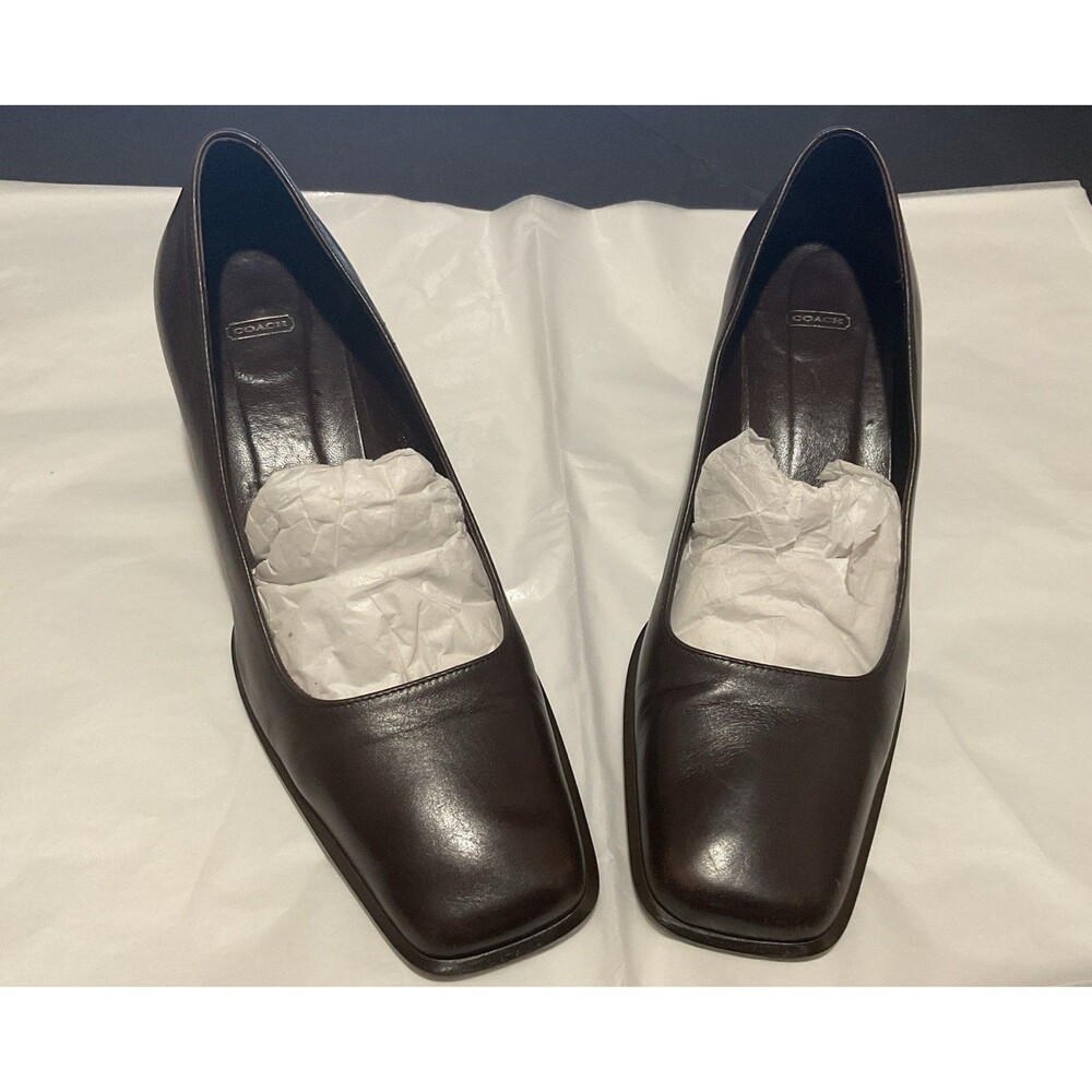 Coach Square Toe Dark Brown Kitten Block Heel Pumps Well-loved Work/ Casual